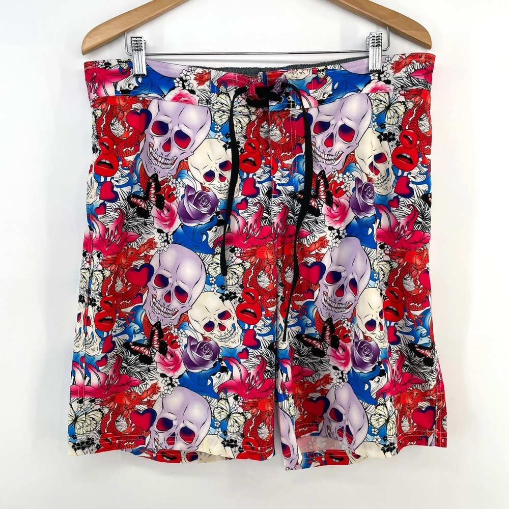 Hreski Swim Shorts Trunks Mens 38x9 Skull Dragon Floral Print Mesh Lined Stretch